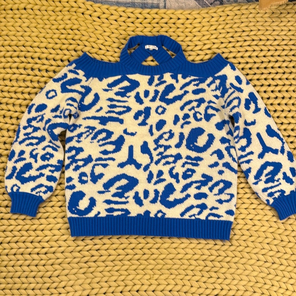 Cobalt Blue Leopard Print Cold Shoulder Sweater
